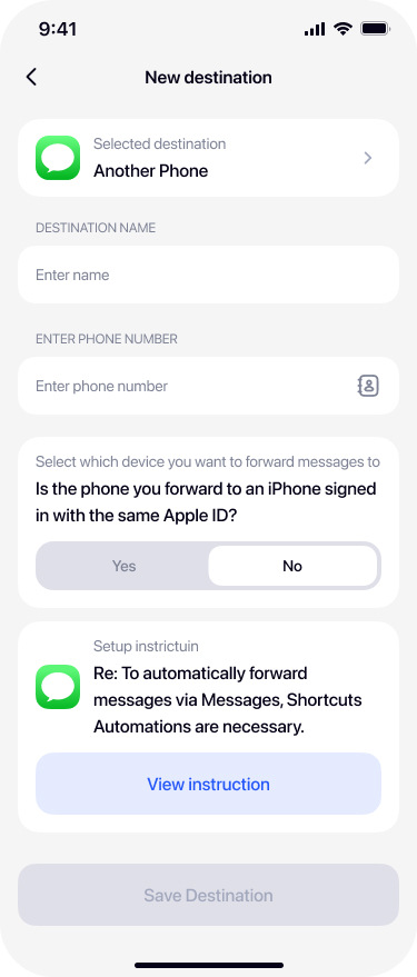 Selecting Another Phone as SMS forwarding destination in Re:Text app