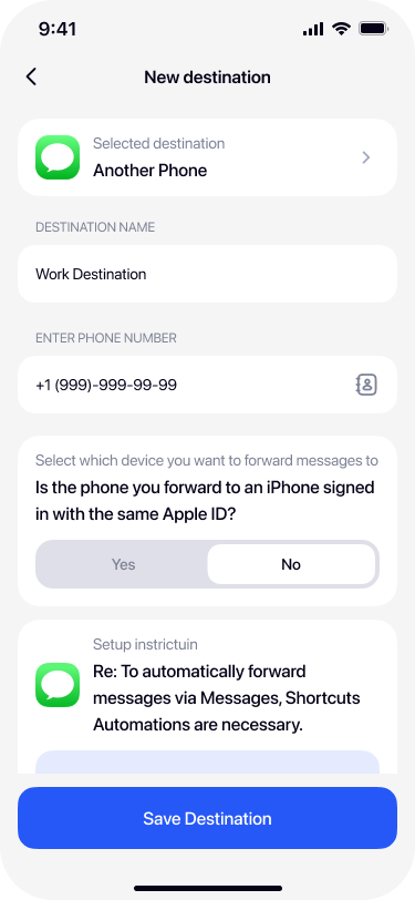 Entering destination phone number with numeric keypad in Re:Text