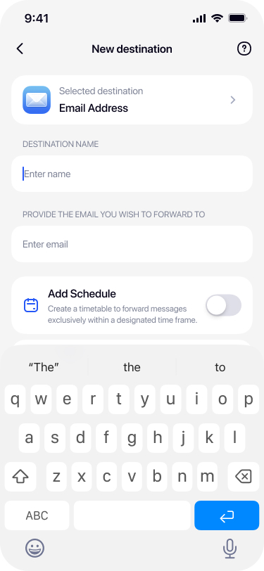 Entering destination name Work Email in Re:Text SMS Forwarder iPhone app