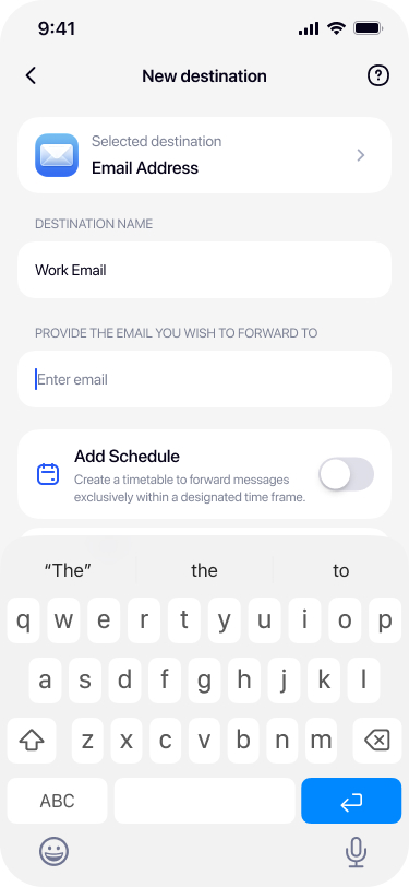 Entering email address for SMS forwarding destination in Re:Text app on iPhone