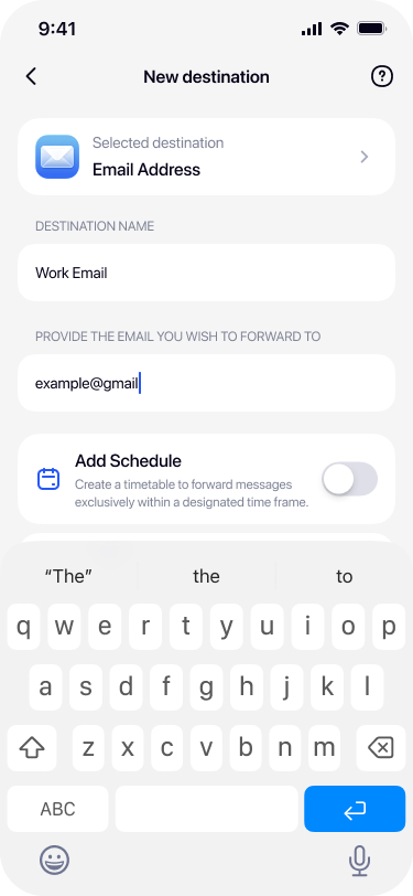 Completed email destination setup in Re:Text with Test Automation and Save buttons