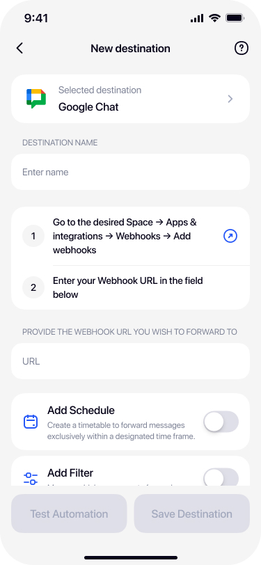 Filled Google Chat destination with webhook URL pasted in Re:Text