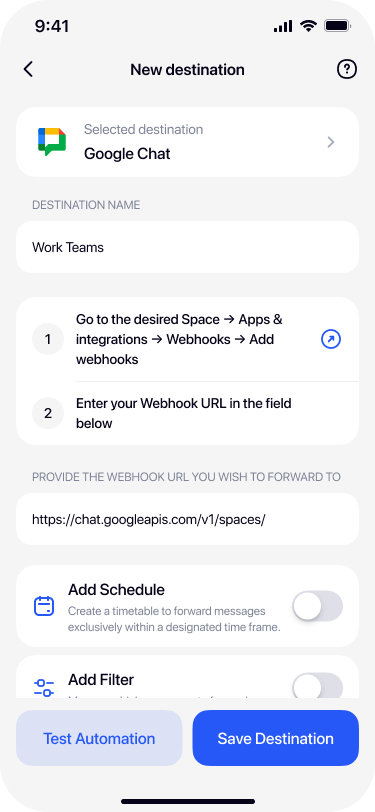 Saved Google Chat destination in Re:Text destinations list