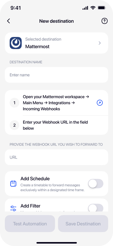 Filled Mattermost destination with webhook URL pasted in Re:Text