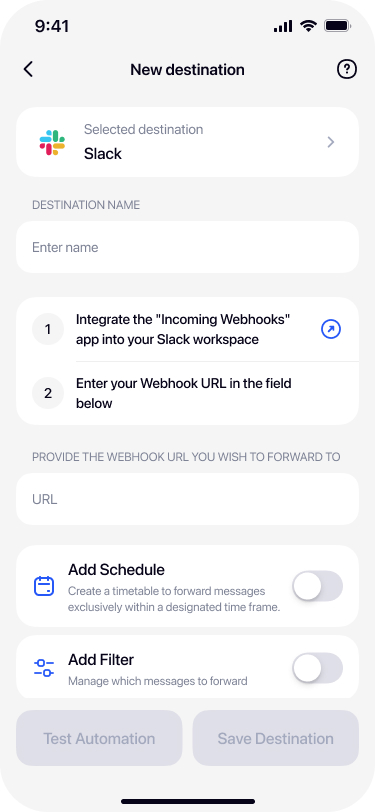 Saved Slack destination showing in Re:Text destinations list