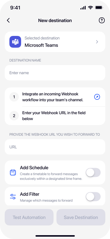 Filled Microsoft Teams destination with webhook URL in Re:Text