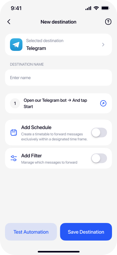 Empty Telegram destination form with Open our Telegram bot link in Re:Text app