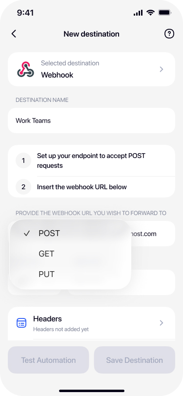 Completed webhook destination in Re:Text with headers body fields and Test Automation button