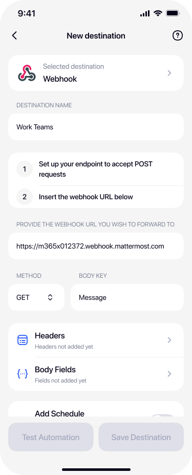 Empty webhook destination form in Re:Text with URL and configuration fields