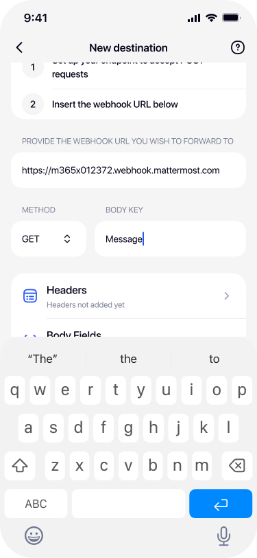 HTTP method selection dropdown with POST GET PUT options in Re:Text webhook setup