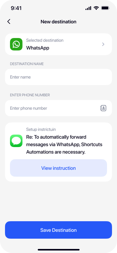 Empty WhatsApp destination form in Re:Text SMS Forwarder